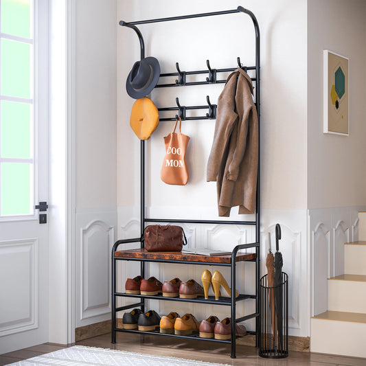 3-In-1 Coat Rack Hall Tree Shoe Rack Storage Shelf and 8 Hooks Removable, Industrial Furniture with Steel Frame for Entryway