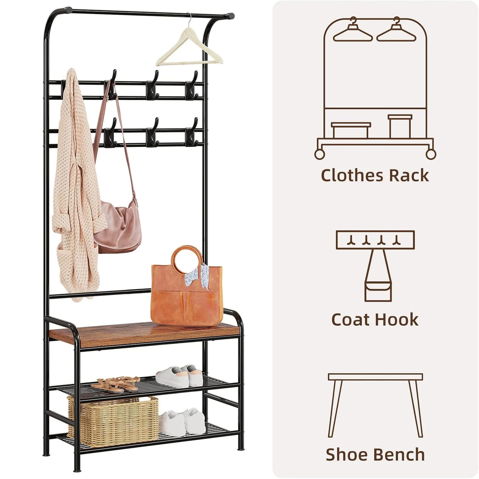 3-In-1 Coat Rack Hall Tree Shoe Rack Storage Shelf and 8 Hooks Removable, Industrial Furniture with Steel Frame for Entryway