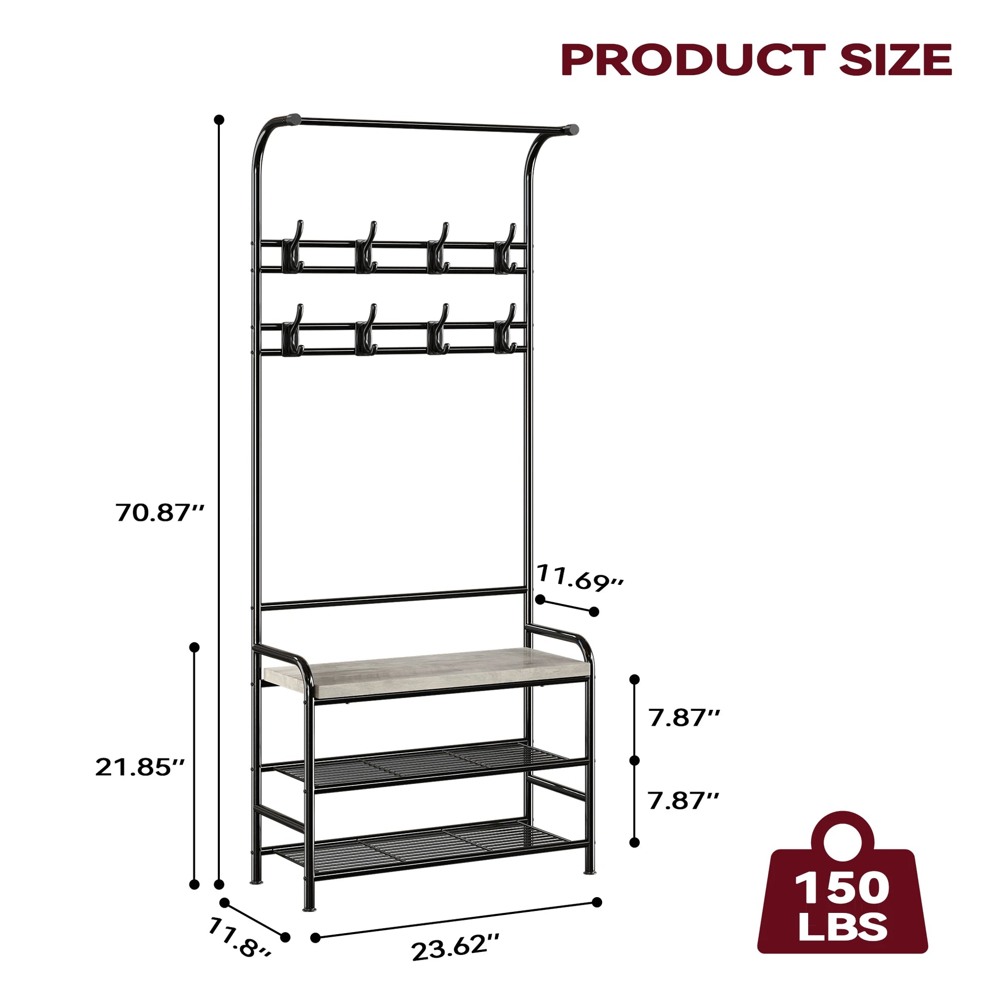 3-In-1 Coat Rack Hall Tree Shoe Rack Storage Shelf and 8 Hooks Removable, Industrial Furniture with Steel Frame for Entryway