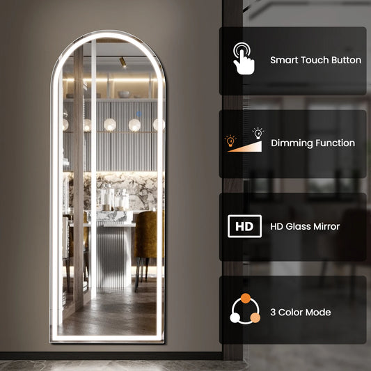 60"X16" Led Dimming Full Length Mirror 3 Color Lighting Aluminum Alloy Frame Standing Hanging Floor Mirrors for Living Room
