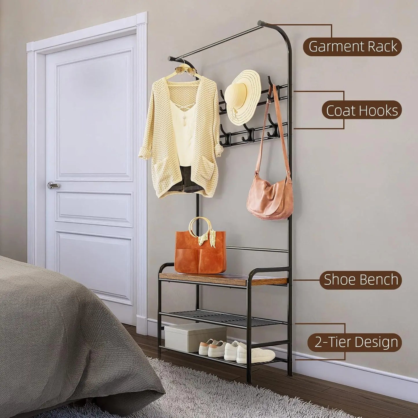 3-In-1 Coat Rack Hall Tree Shoe Rack Storage Shelf and 8 Hooks Removable, Industrial Furniture with Steel Frame for Entryway