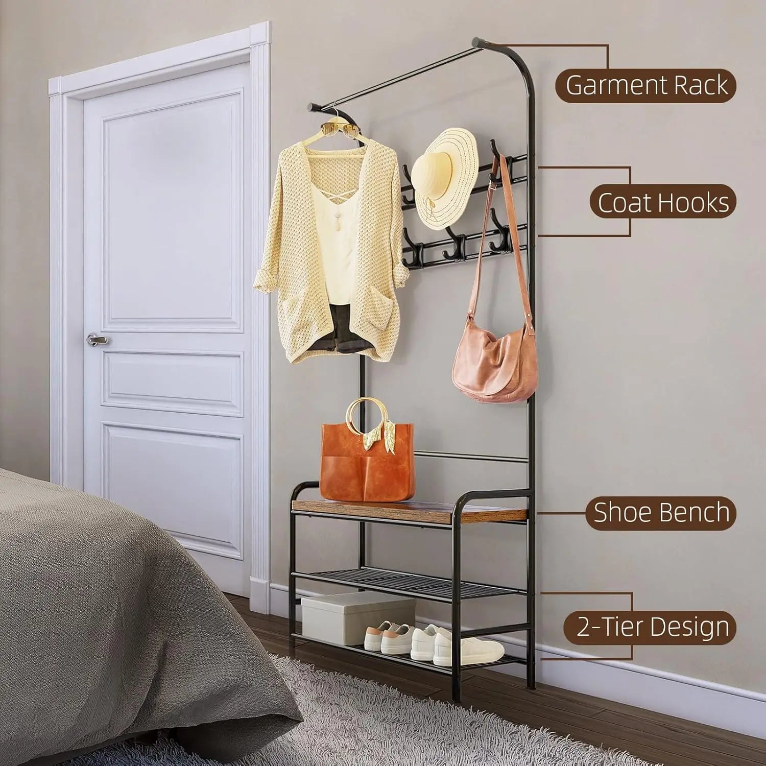 3-In-1 Coat Rack Hall Tree Shoe Rack Storage Shelf and 8 Hooks Removable, Industrial Furniture with Steel Frame for Entryway