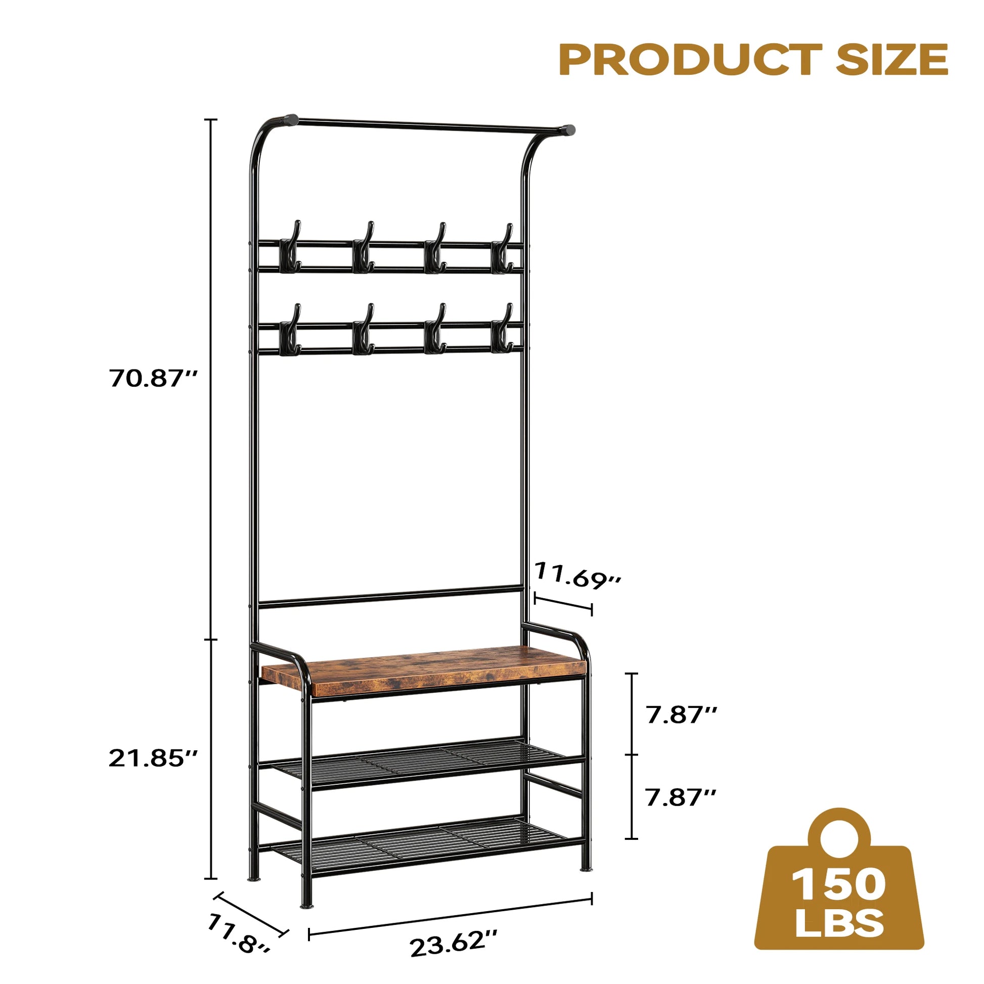 3-In-1 Coat Rack Hall Tree Shoe Rack Storage Shelf and 8 Hooks Removable, Industrial Furniture with Steel Frame for Entryway