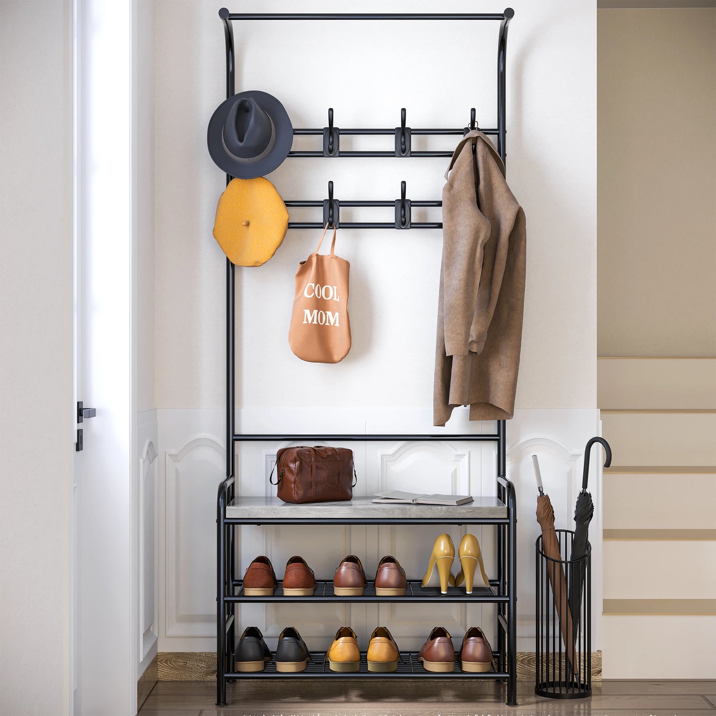3-In-1 Coat Rack Hall Tree Shoe Rack Storage Shelf and 8 Hooks Removable, Industrial Furniture with Steel Frame for Entryway