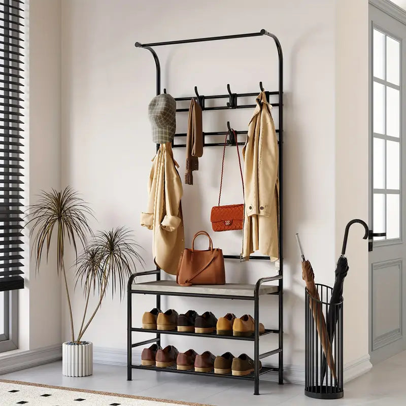 3-In-1 Coat Rack Hall Tree Shoe Rack Storage Shelf and 8 Removable Hooks, Industrial Furniture with Steel Frame for Entryway